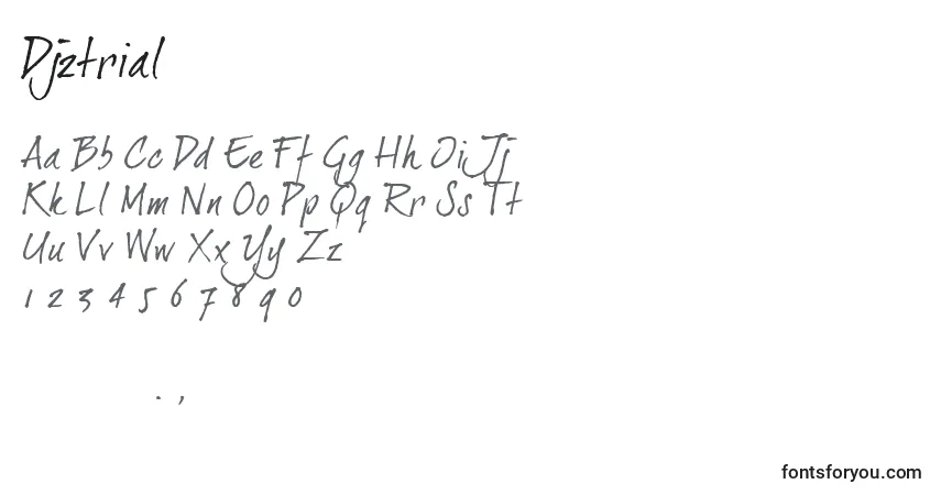 A fonte Dj2trial – alfabeto, números, caracteres especiais