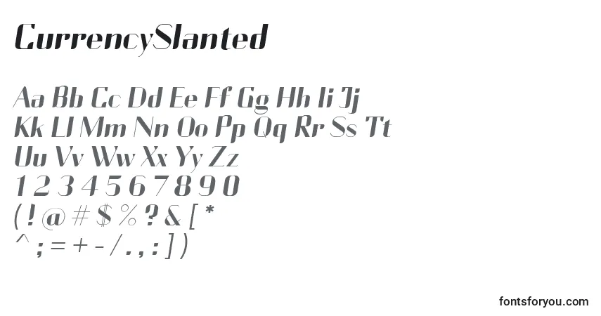 Шрифт CurrencySlanted – алфавит, цифры, специальные символы