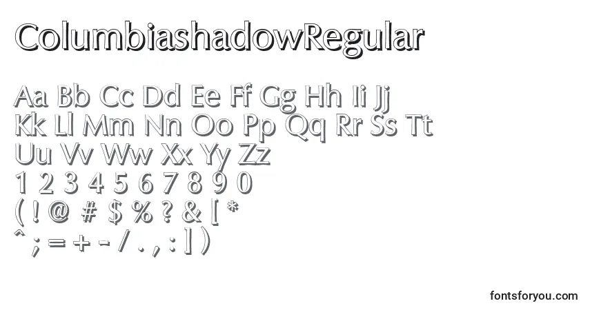 Schriftart ColumbiashadowRegular – Alphabet, Zahlen, spezielle Symbole