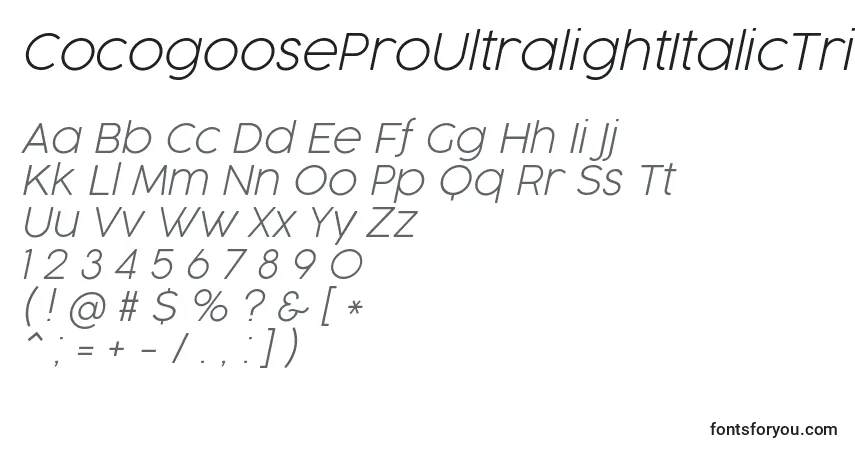 Шрифт CocogooseProUltralightItalicTrial – алфавит, цифры, специальные символы