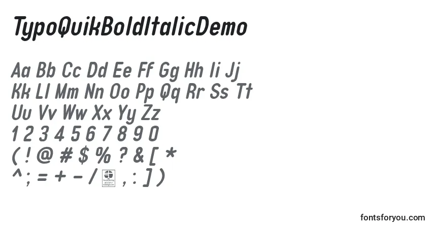 Czcionka TypoQuikBoldItalicDemo – alfabet, cyfry, specjalne znaki
