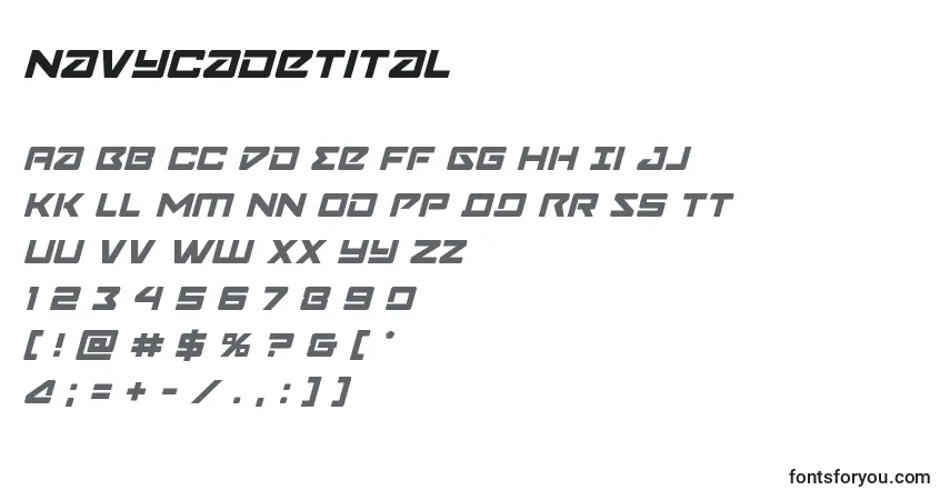 Schriftart Navycadetital – Alphabet, Zahlen, spezielle Symbole