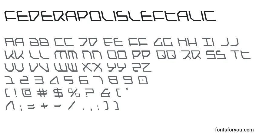 Schriftart FederapolisLeftalic – Alphabet, Zahlen, spezielle Symbole