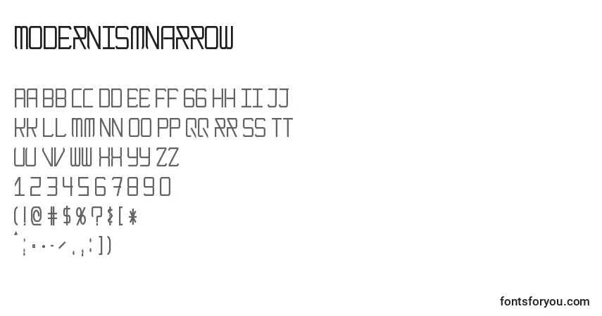 A fonte ModernismNarrow – alfabeto, números, caracteres especiais