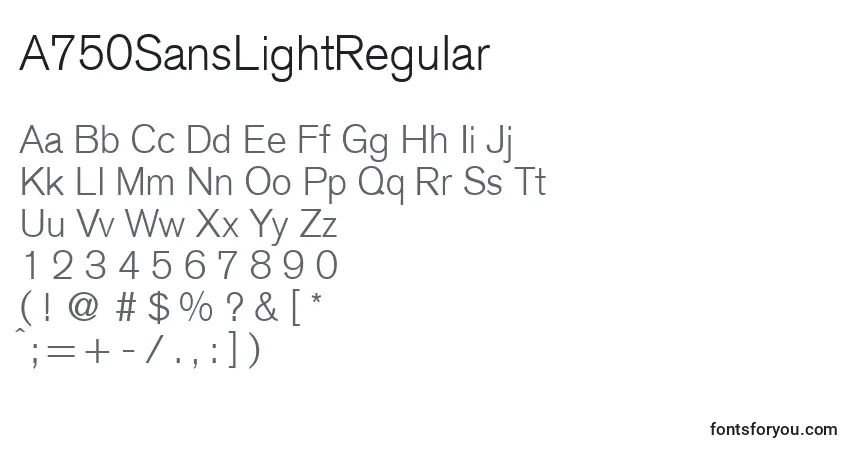 A fonte A750SansLightRegular – alfabeto, números, caracteres especiais
