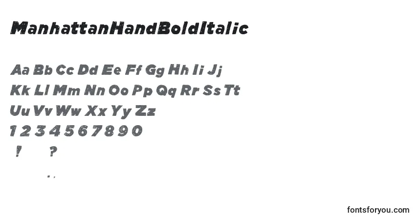 Czcionka ManhattanHandBoldItalic – alfabet, cyfry, specjalne znaki