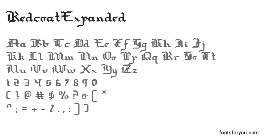 Czcionka RedcoatExpanded – alfabet, cyfry, specjalne znaki