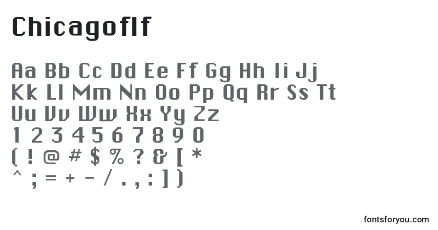 A fonte Chicagoflf – alfabeto, números, caracteres especiais