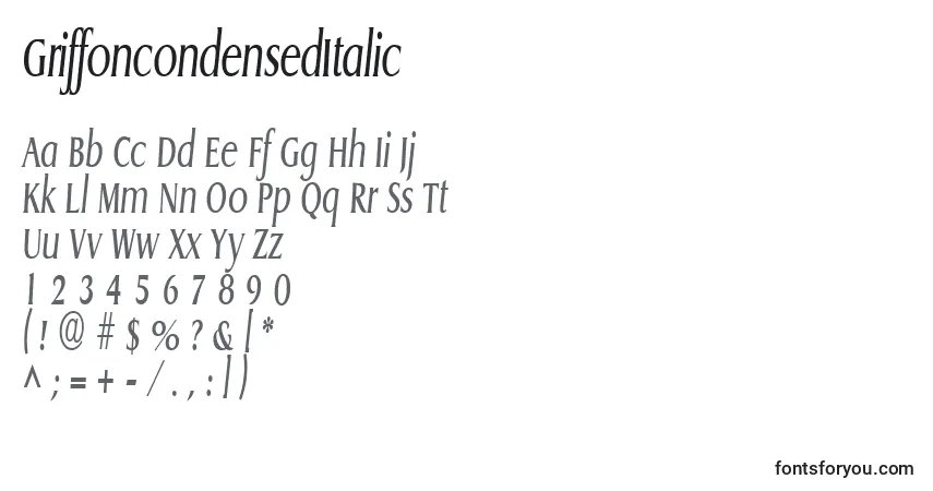 A fonte GriffoncondensedItalic – alfabeto, números, caracteres especiais