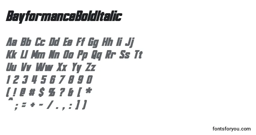 Czcionka BayformanceBoldItalic – alfabet, cyfry, specjalne znaki
