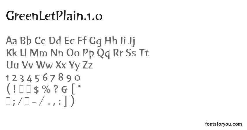 Czcionka GreenLetPlain.1.0 – alfabet, cyfry, specjalne znaki