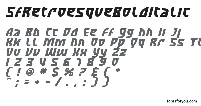 A fonte SfRetroesqueBoldItalic – alfabeto, números, caracteres especiais