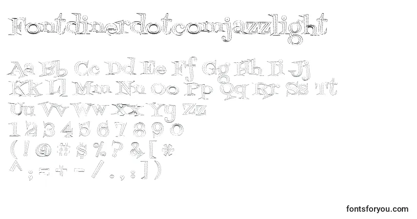 Czcionka Fontdinerdotcomjazzlight – alfabet, cyfry, specjalne znaki
