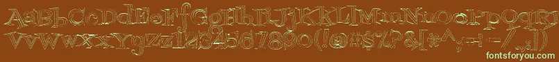 フォントFontdinerdotcomjazzlight – 緑色の文字が茶色の背景にあります。