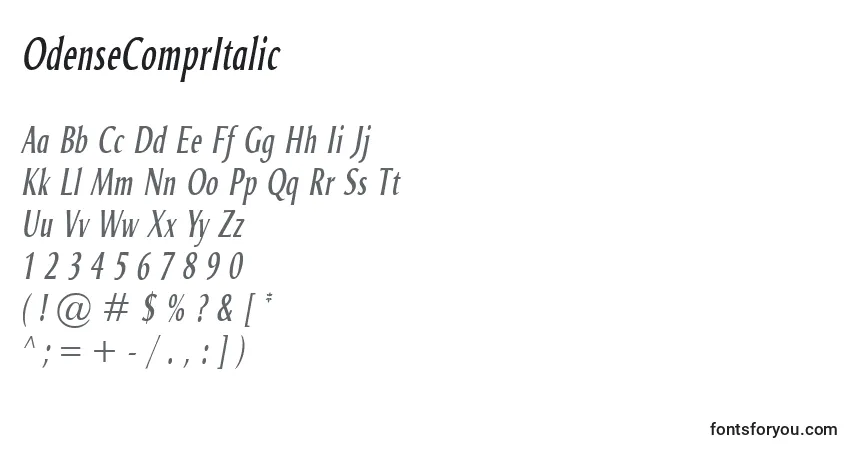 Fuente OdenseComprItalic - alfabeto, números, caracteres especiales