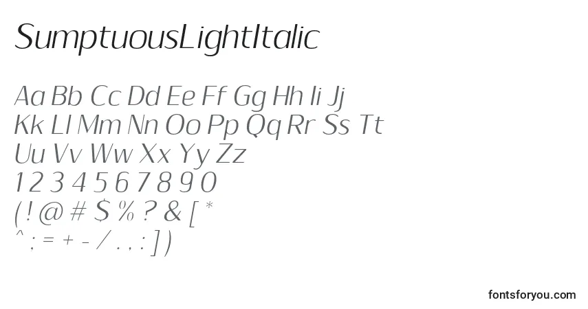 Шрифт SumptuousLightItalic – алфавит, цифры, специальные символы