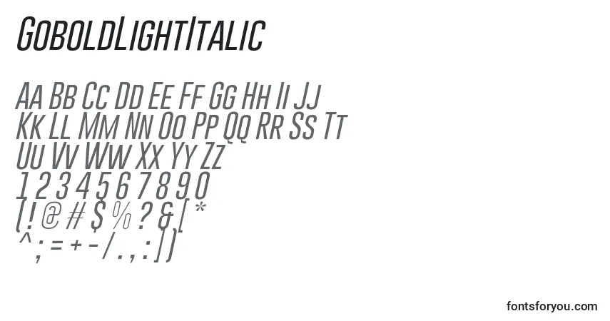 Шрифт GoboldLightItalic – алфавит, цифры, специальные символы