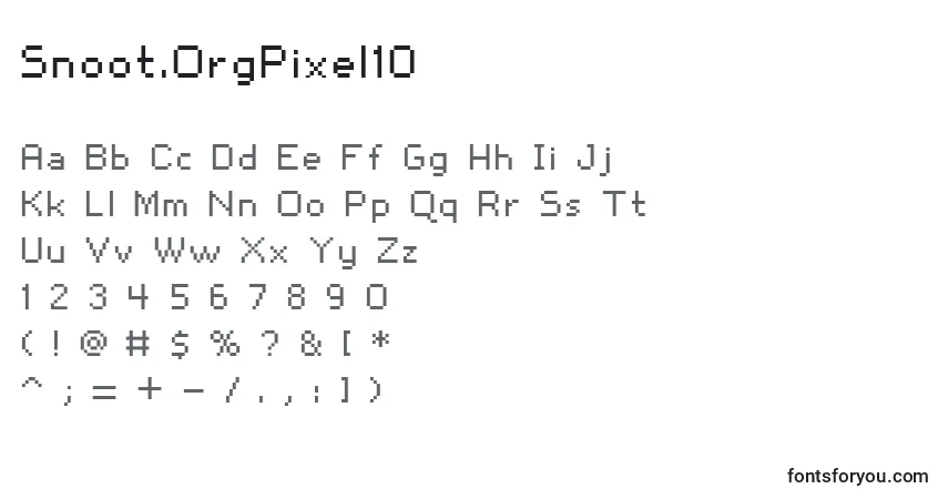 Czcionka Snoot.OrgPixel10 – alfabet, cyfry, specjalne znaki