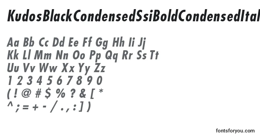 Schriftart KudosBlackCondensedSsiBoldCondensedItalic – Alphabet, Zahlen, spezielle Symbole