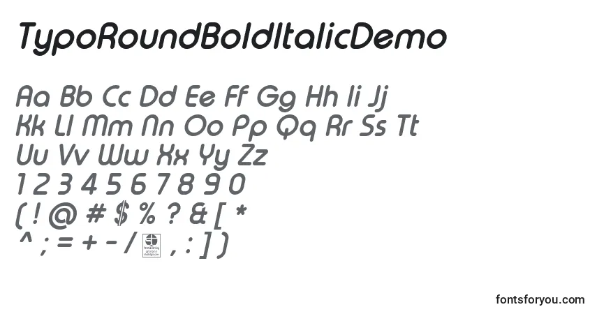 Schriftart TypoRoundBoldItalicDemo – Alphabet, Zahlen, spezielle Symbole