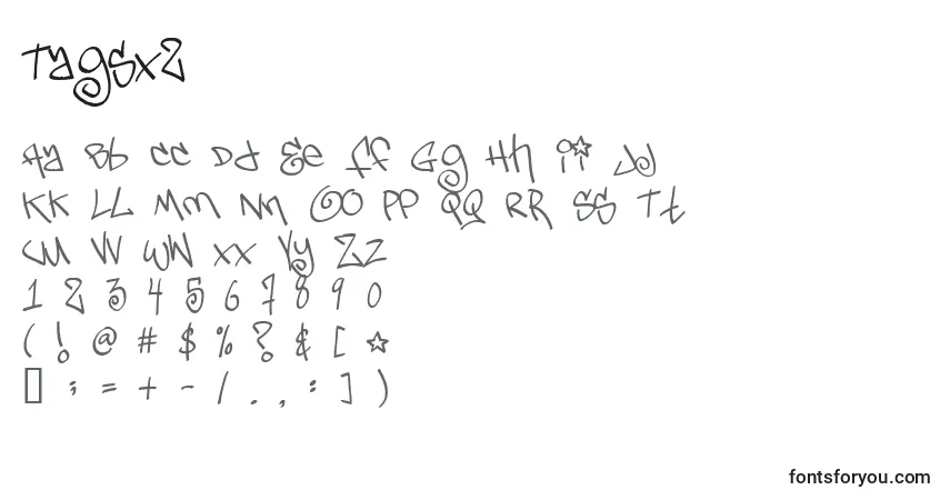 Czcionka Tagsx2 – alfabet, cyfry, specjalne znaki