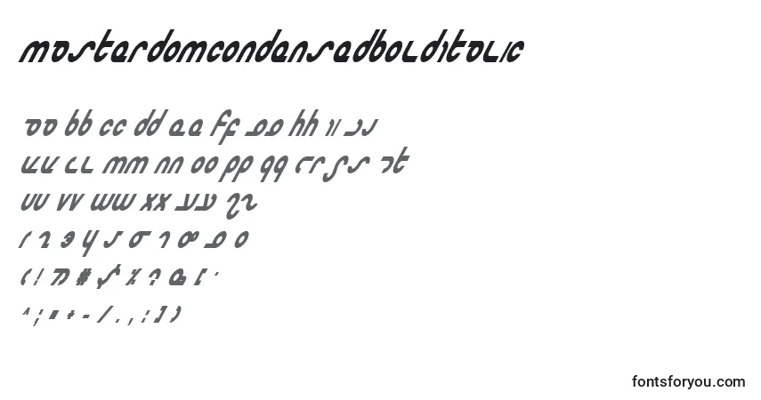 Шрифт MasterdomCondensedBoldItalic – алфавит, цифры, специальные символы