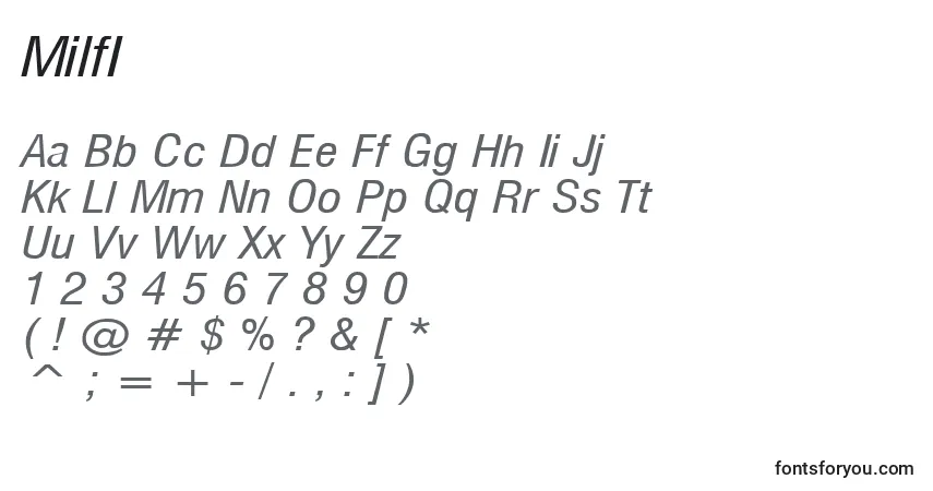 Schriftart MilfI – Alphabet, Zahlen, spezielle Symbole