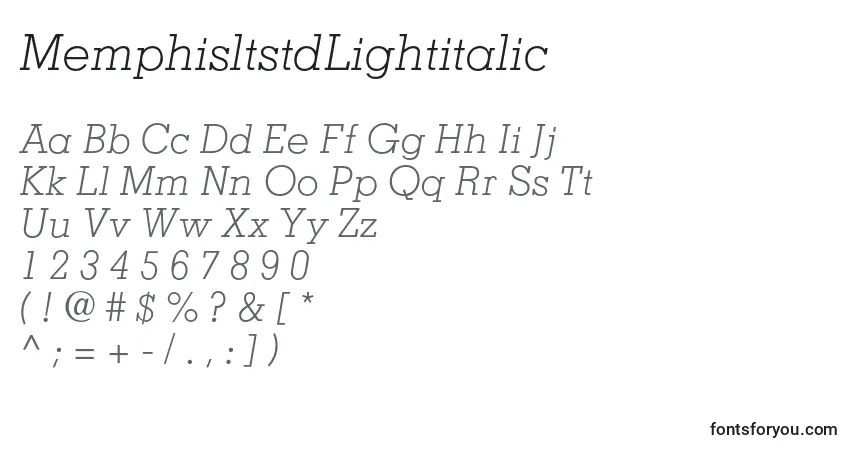 A fonte MemphisltstdLightitalic – alfabeto, números, caracteres especiais