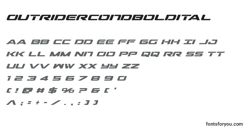 Czcionka Outridercondboldital – alfabet, cyfry, specjalne znaki