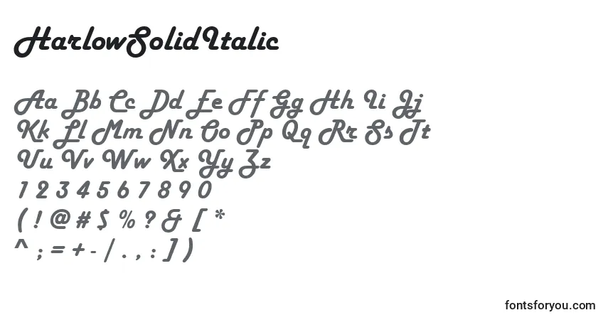 A fonte HarlowSolidItalic – alfabeto, números, caracteres especiais