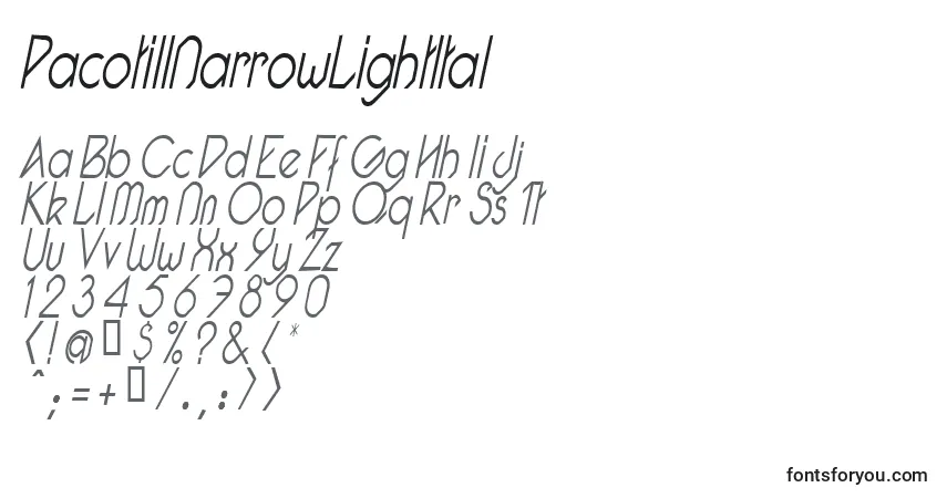 Czcionka PacotillNarrowLightItal – alfabet, cyfry, specjalne znaki