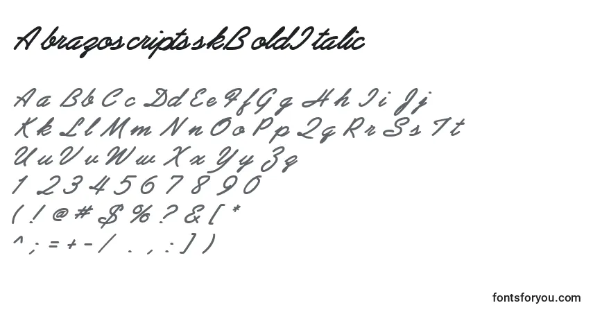 A fonte AbrazoscriptsskBoldItalic – alfabeto, números, caracteres especiais