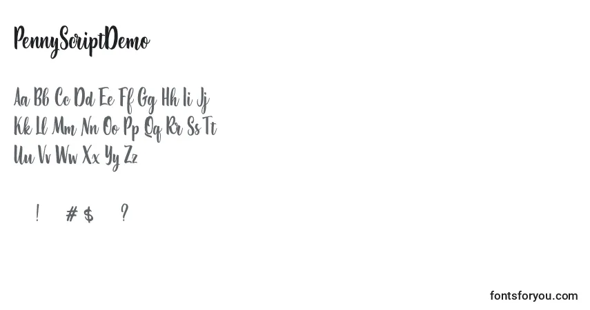 Шрифт PennyScriptDemo – алфавит, цифры, специальные символы