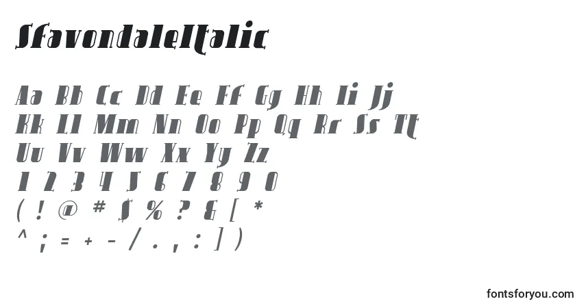 Schriftart SfavondaleItalic – Alphabet, Zahlen, spezielle Symbole