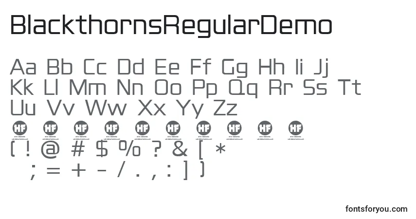 A fonte BlackthornsRegularDemo – alfabeto, números, caracteres especiais