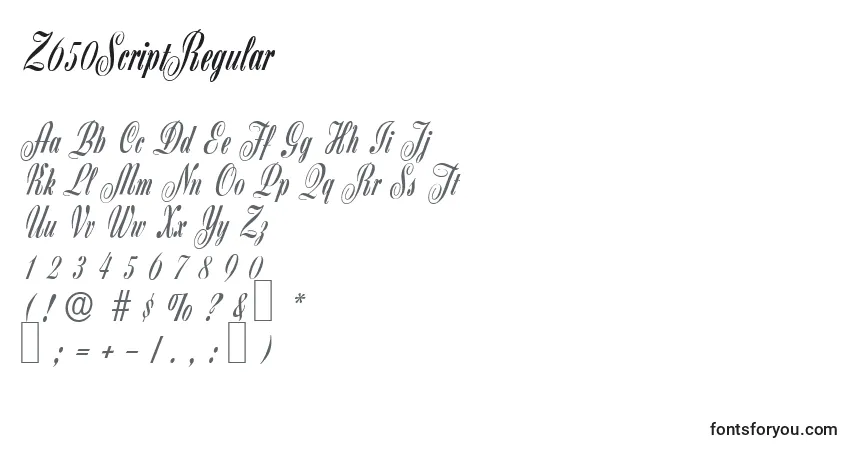 Z650ScriptRegularフォント–アルファベット、数字、特殊文字