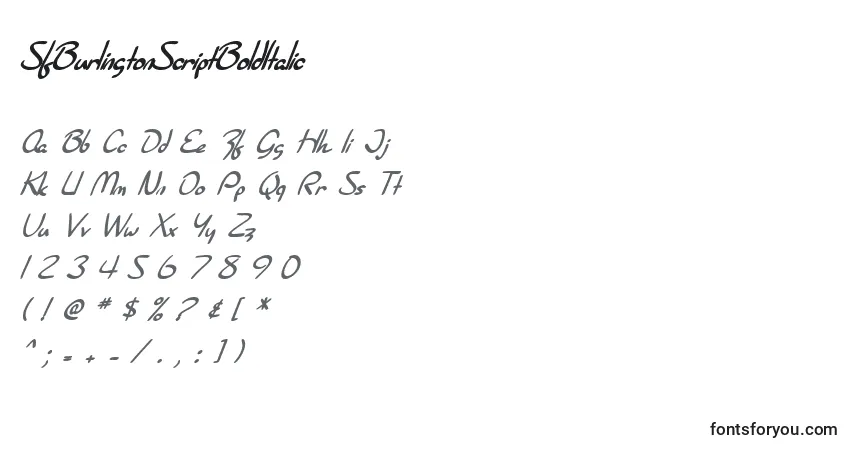 A fonte SfBurlingtonScriptBoldItalic – alfabeto, números, caracteres especiais