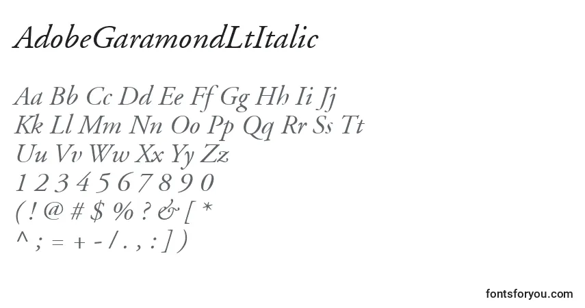 Czcionka AdobeGaramondLtItalic – alfabet, cyfry, specjalne znaki