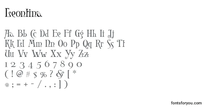 Czcionka Leontina – alfabet, cyfry, specjalne znaki