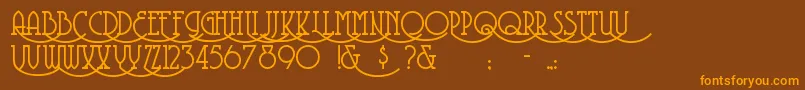 フォントCoventry – オレンジ色の文字が茶色の背景にあります。