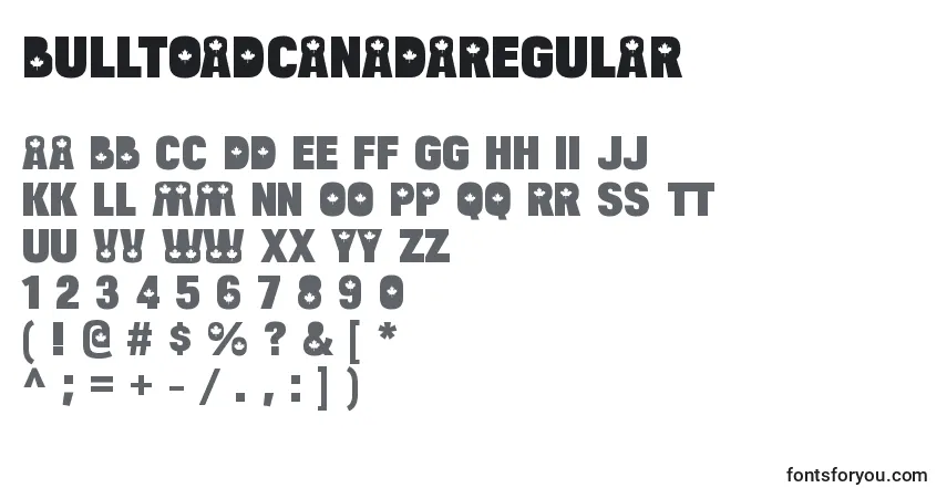 Czcionka BulltoadcanadaRegular – alfabet, cyfry, specjalne znaki