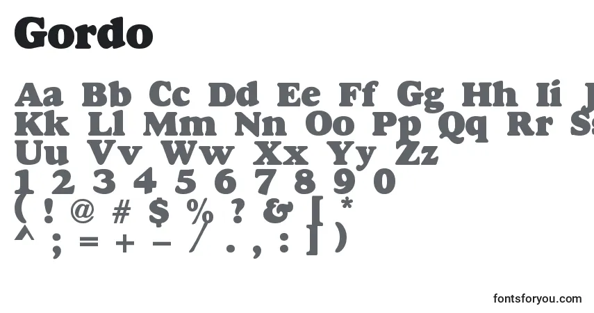 Czcionka Gordo – alfabet, cyfry, specjalne znaki