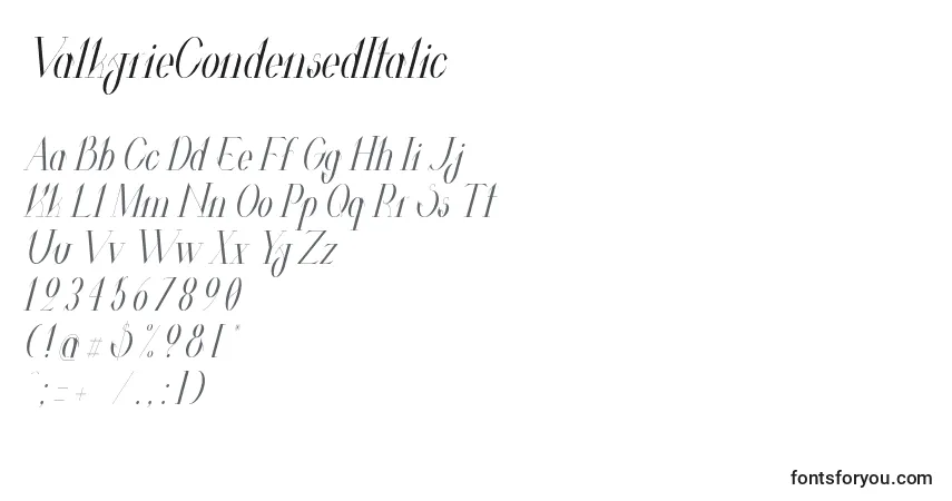 A fonte ValkyrieCondensedItalic – alfabeto, números, caracteres especiais