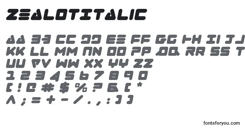 Schriftart ZealotItalic – Alphabet, Zahlen, spezielle Symbole