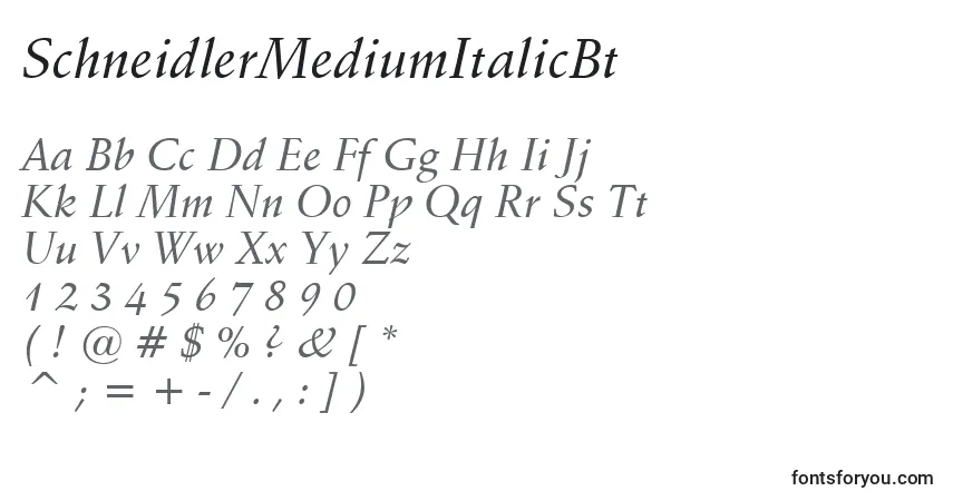 Шрифт SchneidlerMediumItalicBt – алфавит, цифры, специальные символы