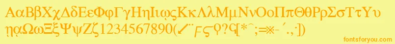 フォントGreekRegular – オレンジの文字が黄色の背景にあります。