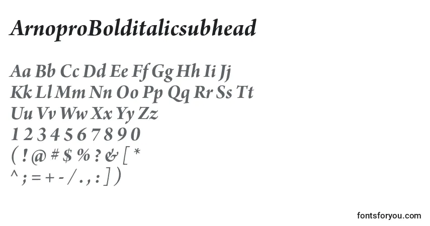 Czcionka ArnoproBolditalicsubhead – alfabet, cyfry, specjalne znaki