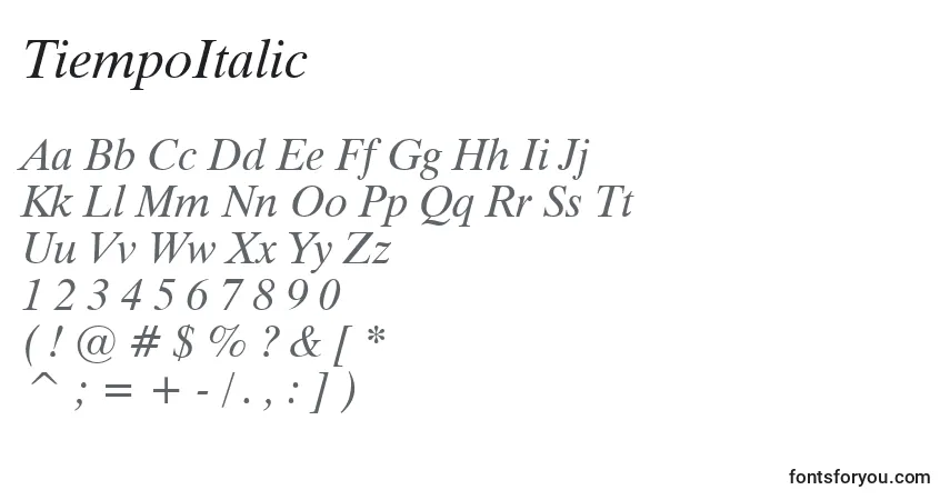 Czcionka TiempoItalic – alfabet, cyfry, specjalne znaki