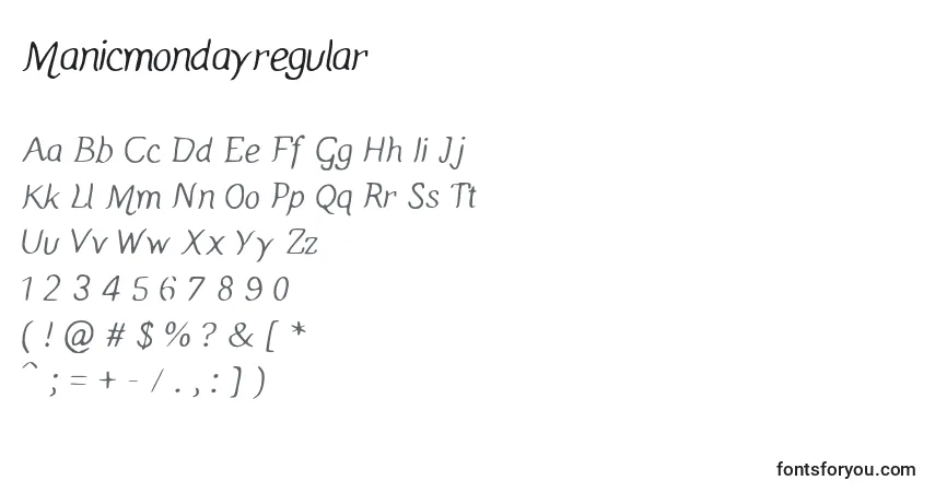 Czcionka Manicmondayregular – alfabet, cyfry, specjalne znaki