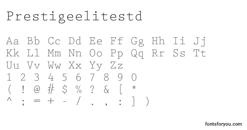 Czcionka Prestigeelitestd – alfabet, cyfry, specjalne znaki